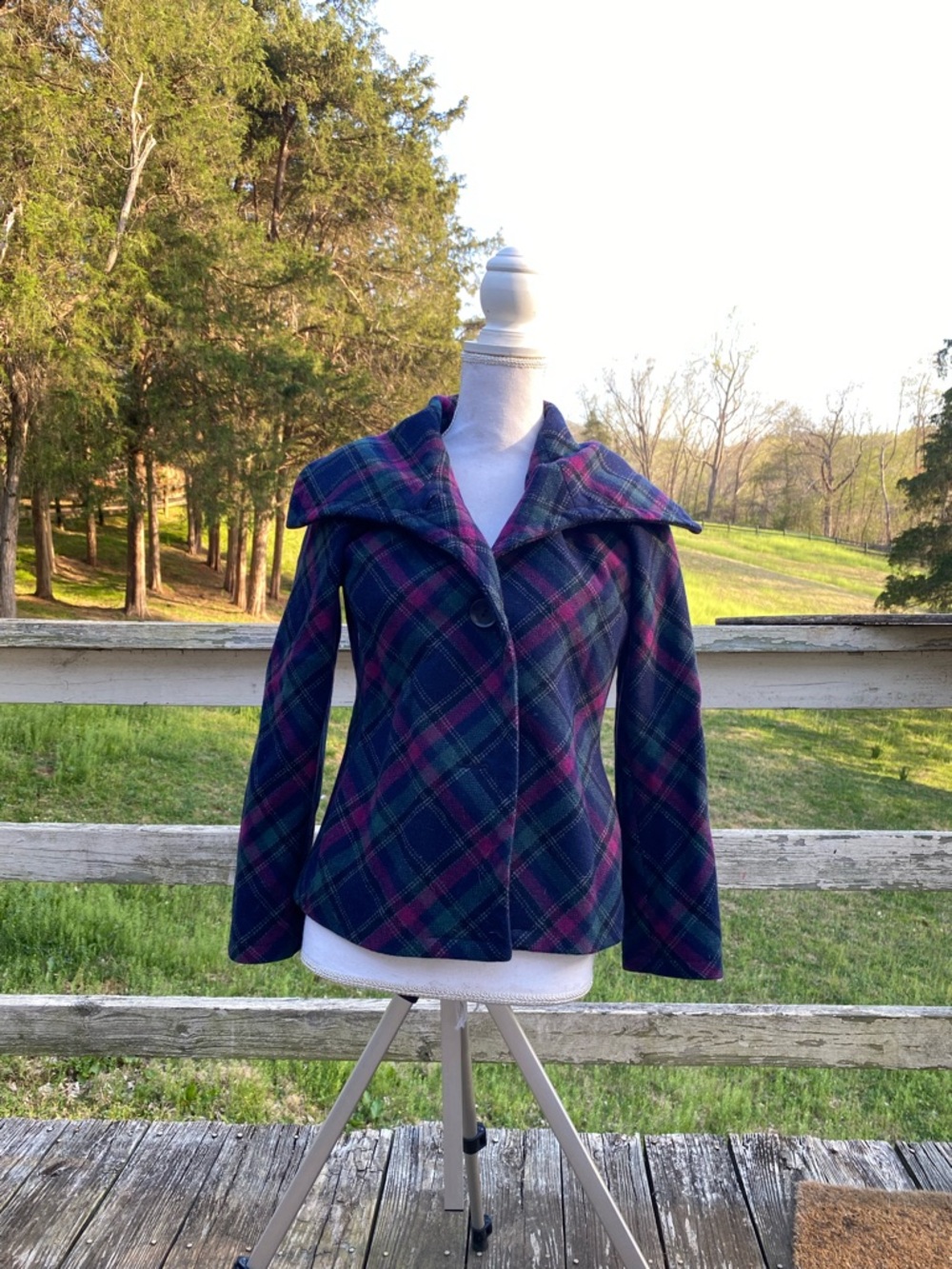 Talbots Navy & Purple Plaid Peacoat Jacket